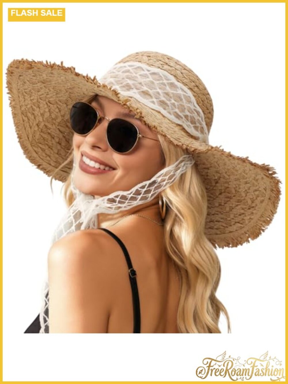 Tavaleu Wide Brim Straw Sun Hat UPF 50+ Foldable Beach Panama Chin Strap
